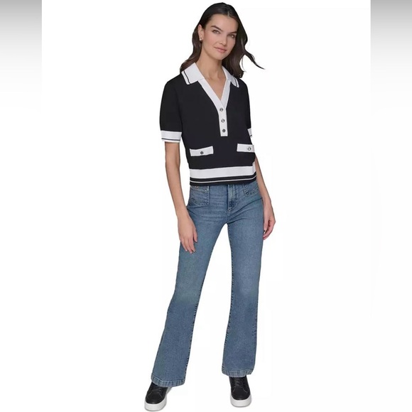 Karl Lagerfeld Women’s Short Sleeve Tipped Polo Sweater Monochrome Knit Collar M - Picture 3 of 9